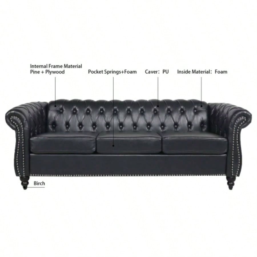 84.65 BLACK PU Rolled Arm Chesterfield Three Seater Sofa.