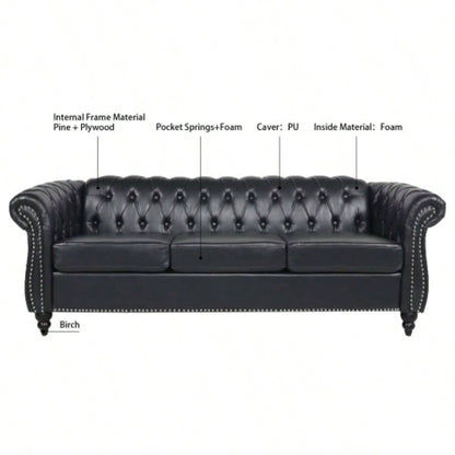 84.65 BLACK PU Rolled Arm Chesterfield Three Seater Sofa.