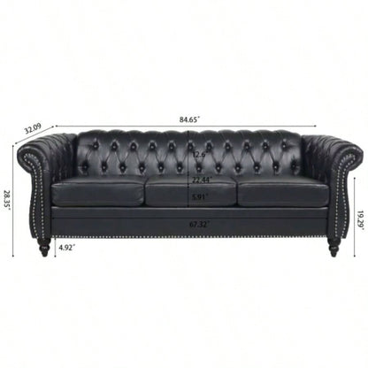 84.65 BLACK PU Rolled Arm Chesterfield Three Seater Sofa.