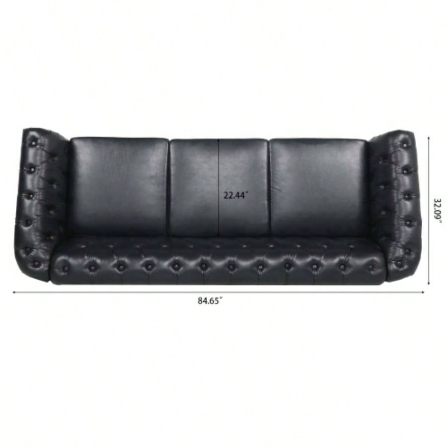 84.65 BLACK PU Rolled Arm Chesterfield Three Seater Sofa.