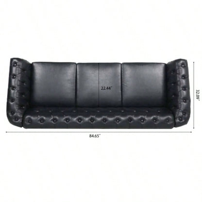 84.65 BLACK PU Rolled Arm Chesterfield Three Seater Sofa.