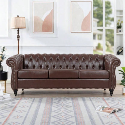84.65 BLACK PU Rolled Arm Chesterfield Three Seater Sofa.