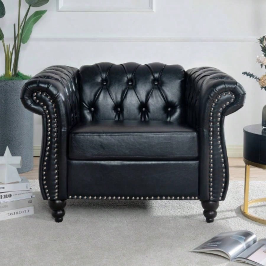 84.65 BLACK PU Rolled Arm Chesterfield Three Seater Sofa.