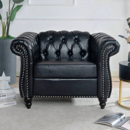 84.65 BLACK PU Rolled Arm Chesterfield Three Seater Sofa.