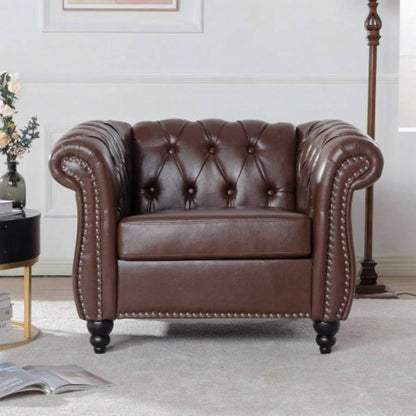 84.65 BLACK PU Rolled Arm Chesterfield Three Seater Sofa.