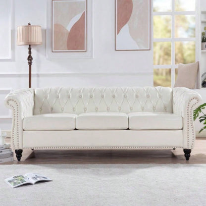 84.65 BLACK PU Rolled Arm Chesterfield Three Seater Sofa.