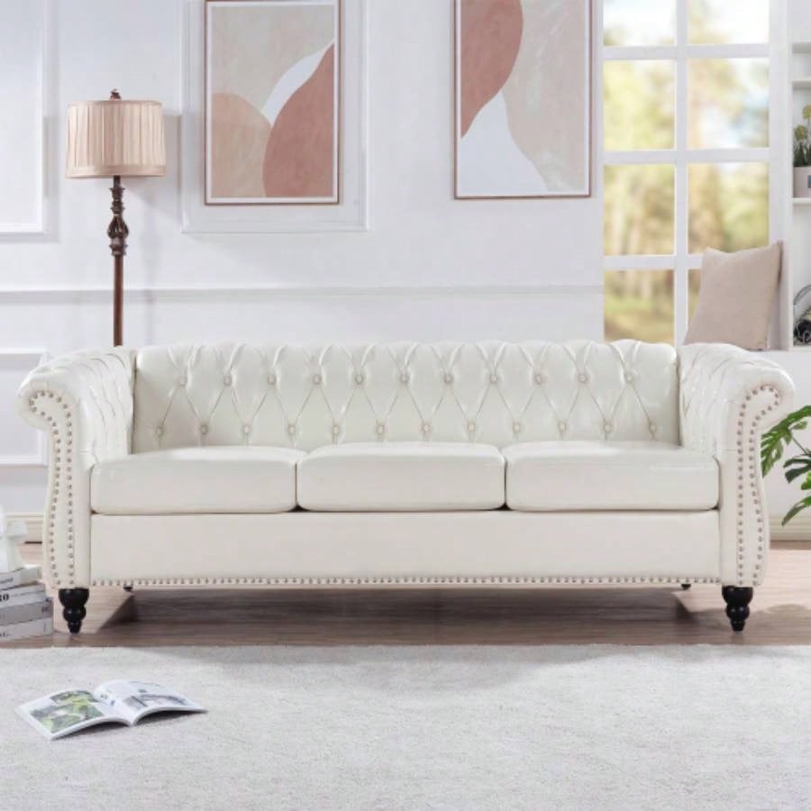 84.65 BLACK PU Rolled Arm Chesterfield Three Seater Sofa.