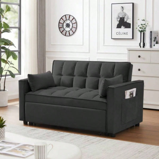 Modern Velvet Loveseat Futon Sofa Couch/Pullout Bed, Small Love Lounge Sofa/Reclining Backrest, Toss Pillows, Pockets, Furniture Living Room, 3 in 1 Convertible Sleeper Sofa Bed, Black