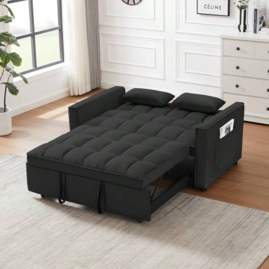 Modern Velvet Loveseat Futon Sofa Couch/Pullout Bed, Small Love Lounge Sofa/Reclining Backrest, Toss Pillows, Pockets, Furniture Living Room, 3 in 1 Convertible Sleeper Sofa Bed, Black