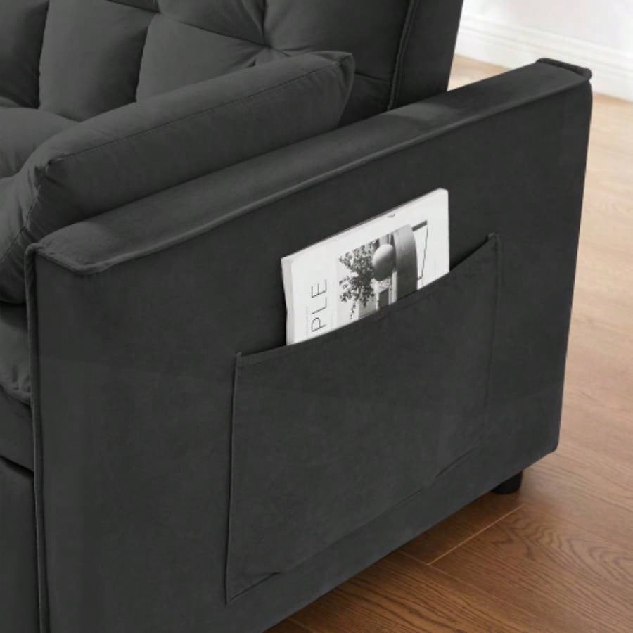 Modern Velvet Loveseat Futon Sofa Couch/Pullout Bed, Small Love Lounge Sofa/Reclining Backrest, Toss Pillows, Pockets, Furniture Living Room, 3 in 1 Convertible Sleeper Sofa Bed, Black