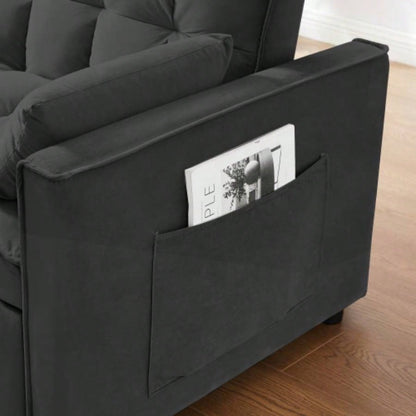 Modern Velvet Loveseat Futon Sofa Couch/Pullout Bed, Small Love Lounge Sofa/Reclining Backrest, Toss Pillows, Pockets, Furniture Living Room, 3 in 1 Convertible Sleeper Sofa Bed, Black