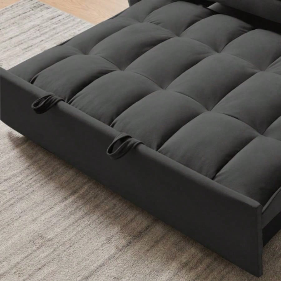 Modern Velvet Loveseat Futon Sofa Couch/Pullout Bed, Small Love Lounge Sofa/Reclining Backrest, Toss Pillows, Pockets, Furniture Living Room, 3 in 1 Convertible Sleeper Sofa Bed, Black