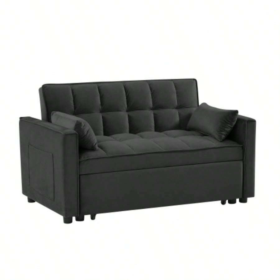 Modern Velvet Loveseat Futon Sofa Couch/Pullout Bed, Small Love Lounge Sofa/Reclining Backrest, Toss Pillows, Pockets, Furniture Living Room, 3 in 1 Convertible Sleeper Sofa Bed, Black