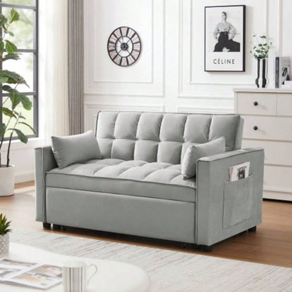 Modern Velvet Loveseat Futon Sofa Couch/Pullout Bed, Small Love Lounge Sofa/Reclining Backrest, Toss Pillows, Pockets, Furniture Living Room, 3 in 1 Convertible Sleeper Sofa Bed, Black