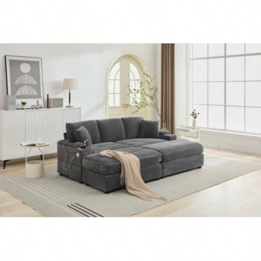 VIDEO/NewCombination Modular Convertible Sectional Sofa Bed Set, Armrest storage, Stainless steel cup holder, USB, Upholstered Sofa, Deep, Living Room, Loft, Apartment, Office, 2 Colors