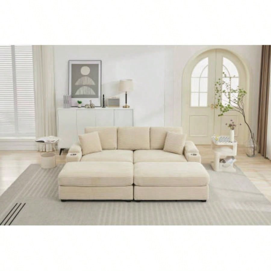 VIDEO/NewCombination Modular Convertible Sectional Sofa Bed Set, Armrest storage, Stainless steel cup holder, USB, Upholstered Sofa, Deep, Living Room, Loft, Apartment, Office, 2 Colors