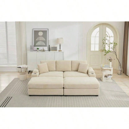 VIDEO/NewCombination Modular Convertible Sectional Sofa Bed Set, Armrest storage, Stainless steel cup holder, USB, Upholstered Sofa, Deep, Living Room, Loft, Apartment, Office, 2 Colors