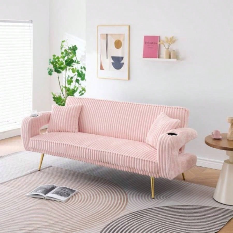 74.01 inch straight corduroy sofa bed with pillows, adjustable in three levels, designed in a minimalist style, suitable use in living rooms and study rooms. Pink
