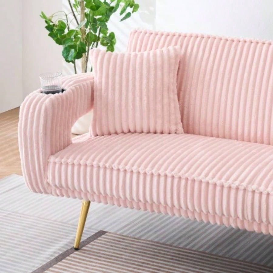 74.01 inch straight corduroy sofa bed with pillows, adjustable in three levels, designed in a minimalist style, suitable use in living rooms and study rooms. Pink