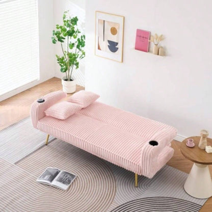 74.01 inch straight corduroy sofa bed with pillows, adjustable in three levels, designed in a minimalist style, suitable use in living rooms and study rooms. Pink