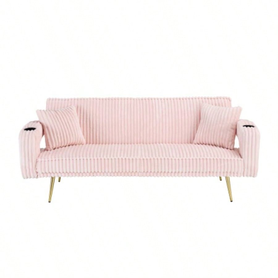 74.01 inch straight corduroy sofa bed with pillows, adjustable in three levels, designed in a minimalist style, suitable use in living rooms and study rooms. Pink