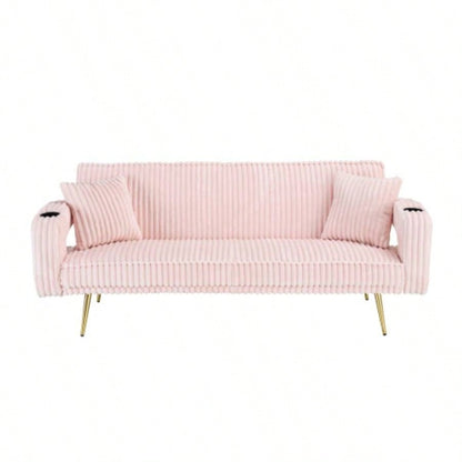 74.01 inch straight corduroy sofa bed with pillows, adjustable in three levels, designed in a minimalist style, suitable use in living rooms and study rooms. Pink