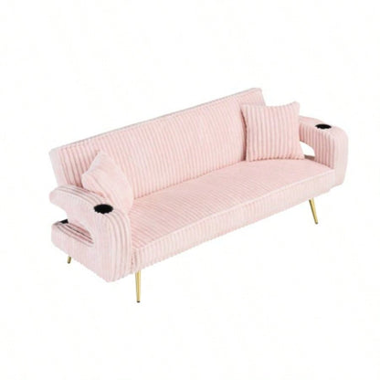 74.01 inch straight corduroy sofa bed with pillows, adjustable in three levels, designed in a minimalist style, suitable use in living rooms and study rooms. Pink