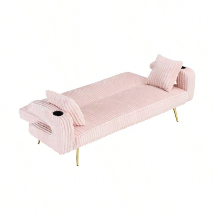 74.01 inch straight corduroy sofa bed with pillows, adjustable in three levels, designed in a minimalist style, suitable use in living rooms and study rooms. Pink