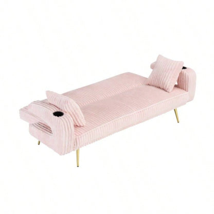 74.01 inch straight corduroy sofa bed with pillows, adjustable in three levels, designed in a minimalist style, suitable use in living rooms and study rooms. Pink