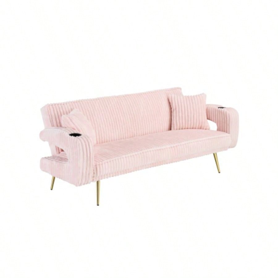 74.01 inch straight corduroy sofa bed with pillows, adjustable in three levels, designed in a minimalist style, suitable use in living rooms and study rooms. Pink