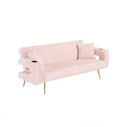 74.01 inch straight corduroy sofa bed with pillows, adjustable in three levels, designed in a minimalist style, suitable use in living rooms and study rooms. Pink