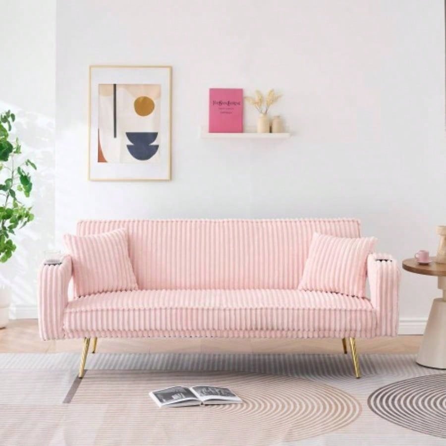 74.01 inch straight corduroy sofa bed with pillows, adjustable in three levels, designed in a minimalist style, suitable use in living rooms and study rooms. Pink