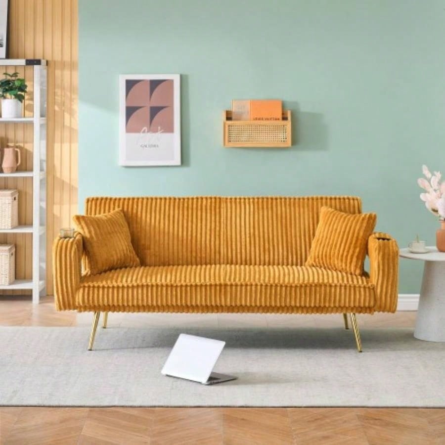 74.01 inch straight corduroy sofa bed with pillows, adjustable in three levels, designed in a minimalist style, suitable use in living rooms and study rooms. Pink