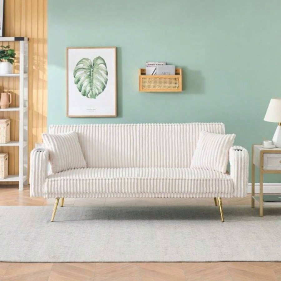 74.01 inch straight corduroy sofa bed with pillows, adjustable in three levels, designed in a minimalist style, suitable use in living rooms and study rooms. Pink