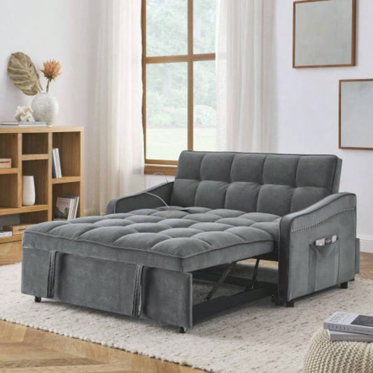 Loveseats Sofa Bed with Pull - out Bed, Adjsutable Back and Two Arm Pocket, TypeC and USB Charging with Copper nail, 47x53x31