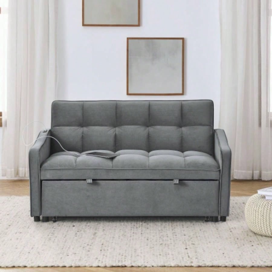 Loveseats Sofa Bed with Pull - out Bed, Adjsutable Back and Two Arm Pocket, TypeC and USB Charging with Copper nail, 47x53x31