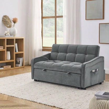Loveseats Sofa Bed with Pull - out Bed, Adjsutable Back and Two Arm Pocket, TypeC and USB Charging with Copper nail, 47x53x31