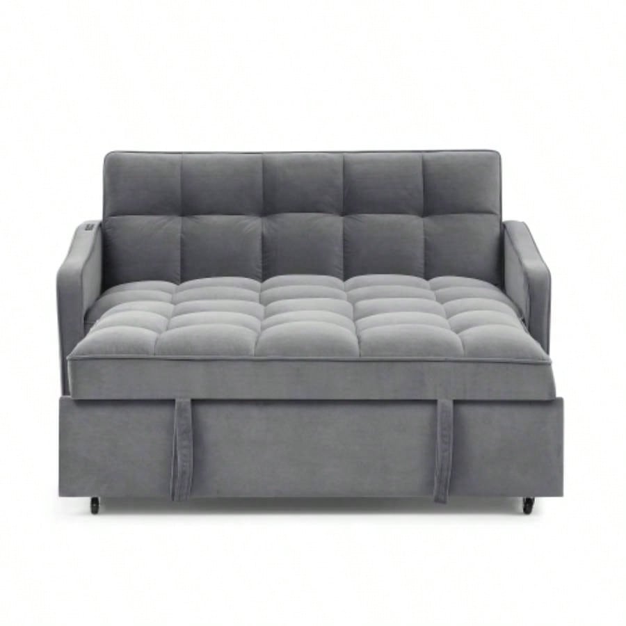 Loveseats Sofa Bed with Pull - out Bed, Adjsutable Back and Two Arm Pocket, TypeC and USB Charging with Copper nail, 47x53x31