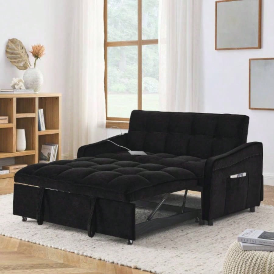 Loveseats Sofa Bed with Pull - out Bed, Adjsutable Back and Two Arm Pocket, TypeC and USB Charging with Copper nail, 47x53x31