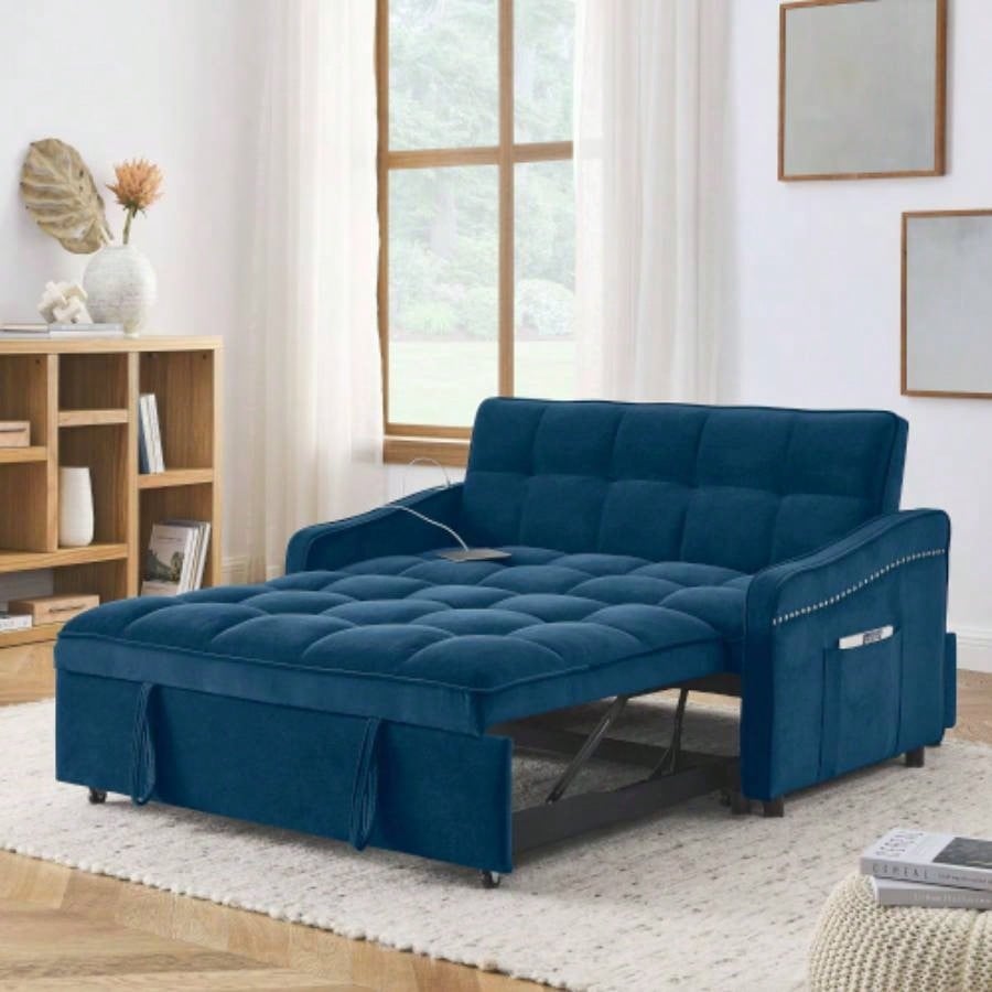 Loveseats Sofa Bed with Pull - out Bed, Adjsutable Back and Two Arm Pocket, TypeC and USB Charging with Copper nail, 47x53x31