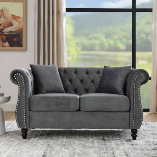 58.8 Chesterfield Sofa Velvet Living Room, 2 Seater Sofa Tufted Couch with Rolled Arms and Nailhead Living Room, Bedroom, Office, Apartment, two pillowsW834S00069