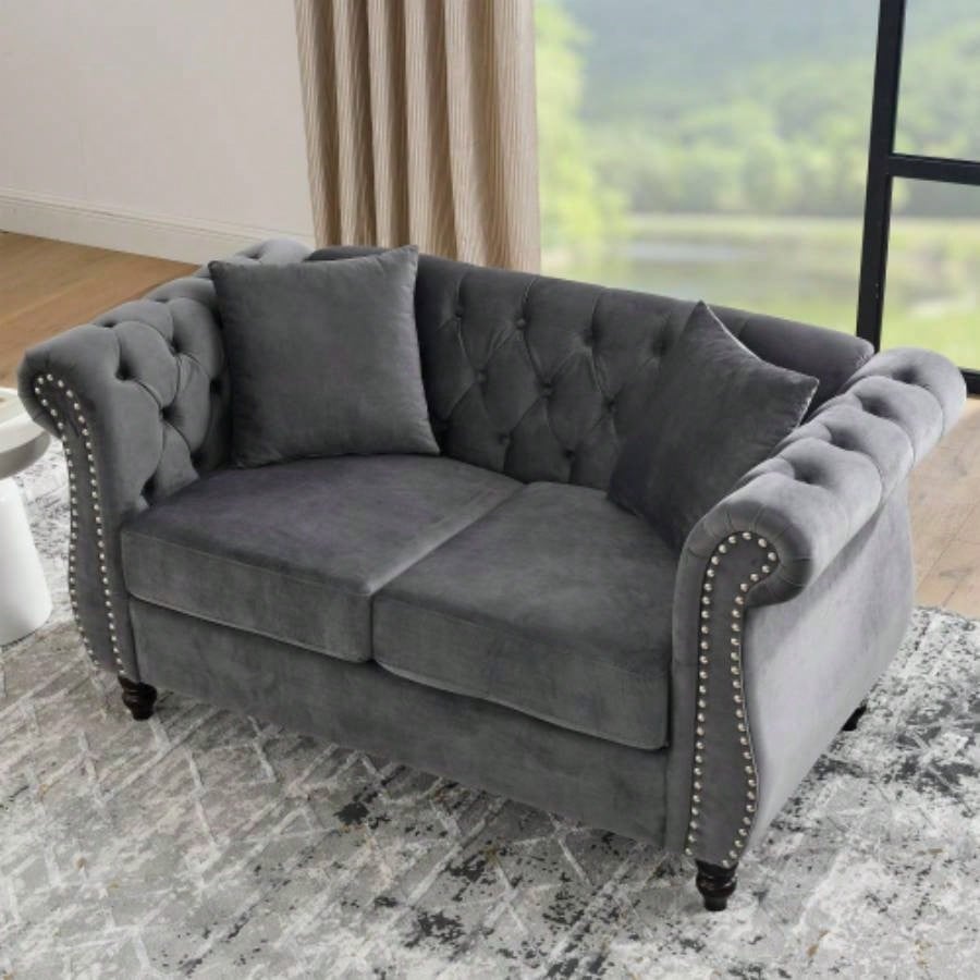 58.8 Chesterfield Sofa Velvet Living Room, 2 Seater Sofa Tufted Couch with Rolled Arms and Nailhead Living Room, Bedroom, Office, Apartment, two pillowsW834S00069