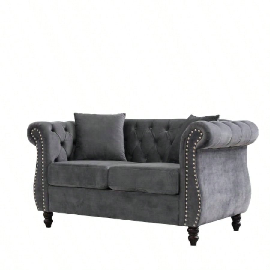 58.8 Chesterfield Sofa Velvet Living Room, 2 Seater Sofa Tufted Couch with Rolled Arms and Nailhead Living Room, Bedroom, Office, Apartment, two pillowsW834S00069