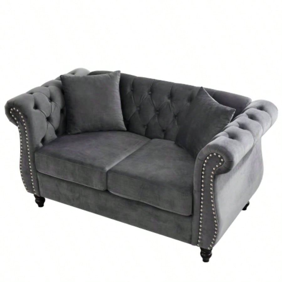 58.8 Chesterfield Sofa Velvet Living Room, 2 Seater Sofa Tufted Couch with Rolled Arms and Nailhead Living Room, Bedroom, Office, Apartment, two pillowsW834S00069