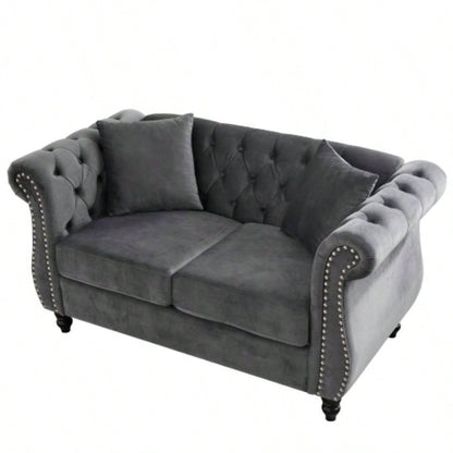 58.8 Chesterfield Sofa Velvet Living Room, 2 Seater Sofa Tufted Couch with Rolled Arms and Nailhead Living Room, Bedroom, Office, Apartment, two pillowsW834S00069