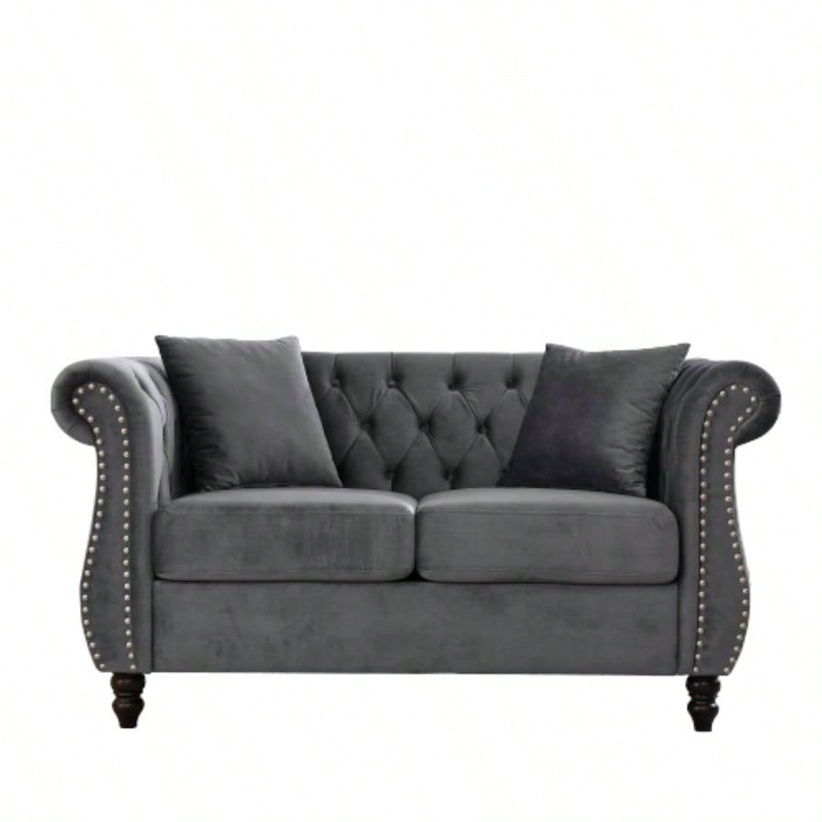 58.8 Chesterfield Sofa Velvet Living Room, 2 Seater Sofa Tufted Couch with Rolled Arms and Nailhead Living Room, Bedroom, Office, Apartment, two pillowsW834S00069