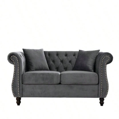 58.8 Chesterfield Sofa Velvet Living Room, 2 Seater Sofa Tufted Couch with Rolled Arms and Nailhead Living Room, Bedroom, Office, Apartment, two pillowsW834S00069