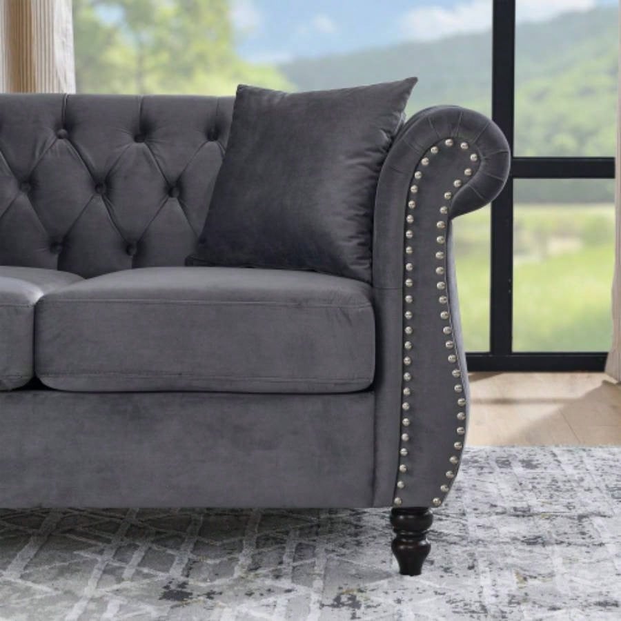 58.8 Chesterfield Sofa Velvet Living Room, 2 Seater Sofa Tufted Couch with Rolled Arms and Nailhead Living Room, Bedroom, Office, Apartment, two pillowsW834S00069