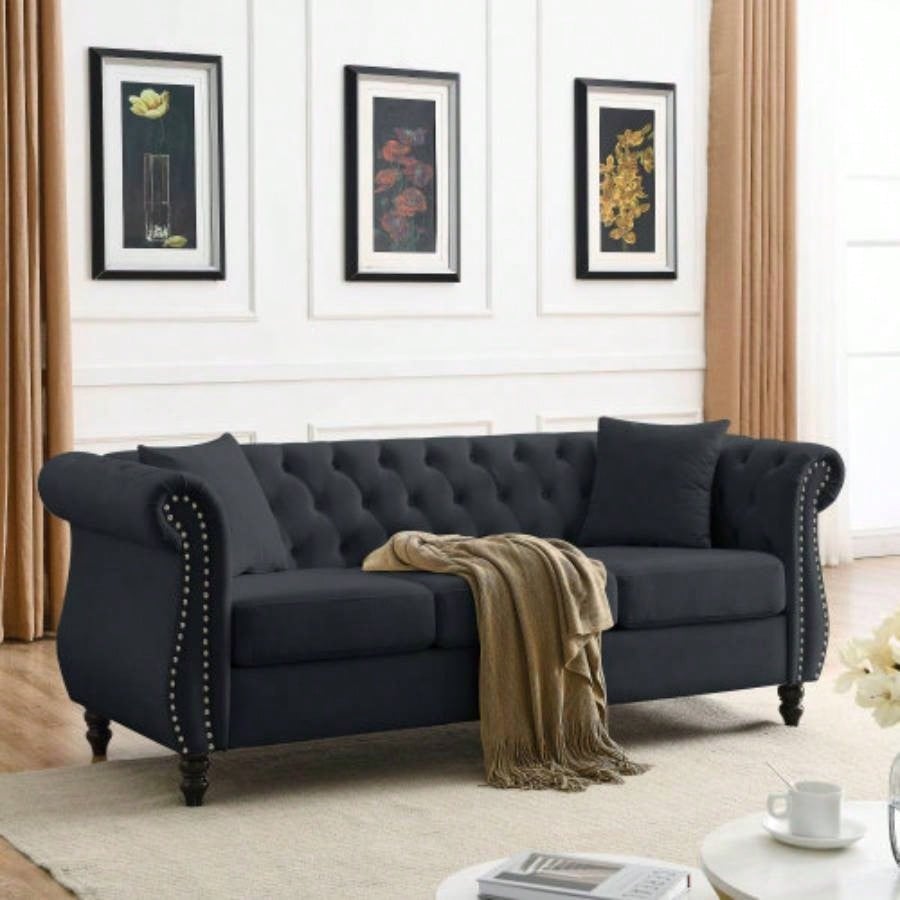 58.8 Chesterfield Sofa Velvet Living Room, 2 Seater Sofa Tufted Couch with Rolled Arms and Nailhead Living Room, Bedroom, Office, Apartment, two pillowsW834S00069