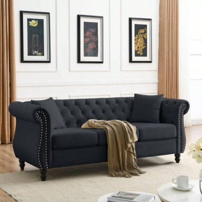 58.8 Chesterfield Sofa Velvet Living Room, 2 Seater Sofa Tufted Couch with Rolled Arms and Nailhead Living Room, Bedroom, Office, Apartment, two pillowsW834S00069